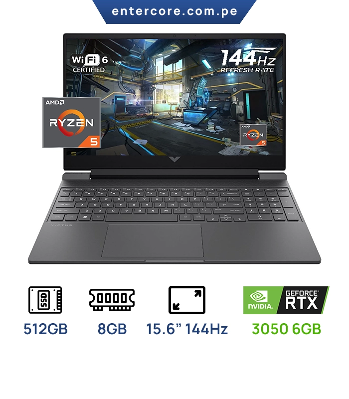 LAPTOP HP VICTUS GAMING 15-FB2002LA AMD RYZEN 5 8645HS, 8GB DDR5, SSD 512GB M.2, VIDEO NVIDIA RTX3050 6GB 144HZ FHD 15.6 TECLADO RETROILUMINADO
