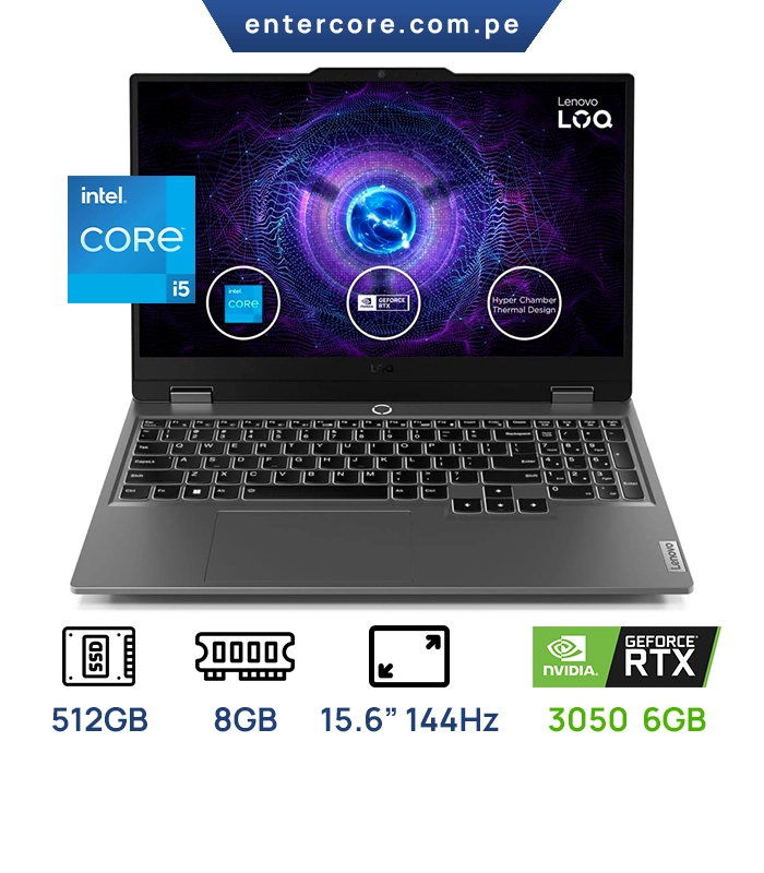 LAPTOP LENOVO LOQ 15IAX9 15.6" FHD IPS, Core i5-12450HX hasta 4.4GHz 8GB DDR5-4800MHz 512GB SSD M.2 2242 PCIe 4.0x4 NVMe, Video NVIDIA GeForce RTX 3050 (6GB GDDR6)