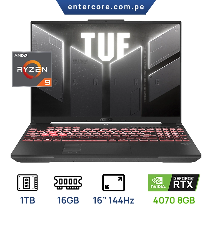 LAPTOP ASUS TUF GAMING FA607PI-AS94 A16 RYZEN 9 7940HX, 16GB DDR5 1TB, RTX4070 8GB 16" 144HZ TECLADO ILUMINADO