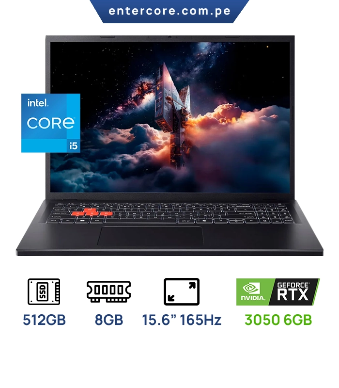 LAPTOP ACER NITRO NL16-71G-52K7 16” GAMING INTEL Core™ i5-13420H 8GB DDR5 512GB SSD 15.6'' (1920x1200) WUXGA 165Hz IPS NVIDIA®️ RTX 3050 6GB WIFI6 53WH BLACK Backlit Keyboard WIN11