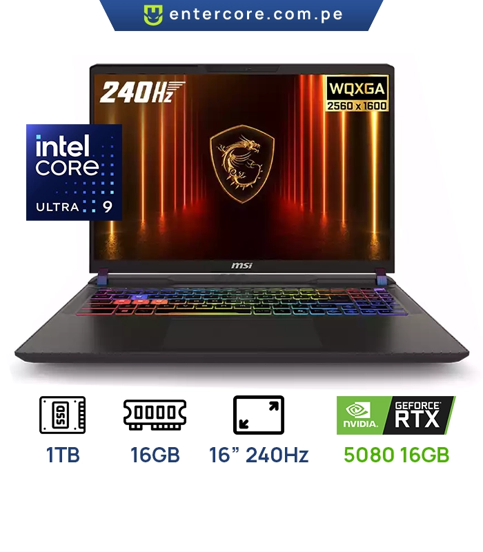 LAPTOP MSI Vector 16 HX AI A2XWIG-050 GAMING Core™ Ultra 9 275HX 1TB SSD 16GB 16" WQXGA (2560x1600) 240Hz WIN11 IR Webcam NVIDIA® RTX 5080 16384MB COSMO GRAY RGB Backlit Keyboard