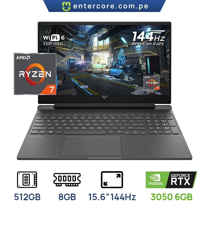 LAPTOP HP VICTUS 15-FB3018LA AMD RYZEN 7 7445HS 8GB DDR5 SSD 512GB M.2 NVIDIA RTX3050 6GB 15.6" (1920 X1080) 144hz