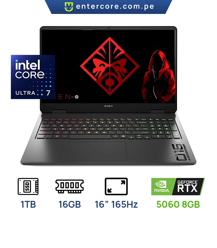 LAPTOP HP OMEN 15-GA0070WM INTEL ULTRA 7 255H 16GB RAM DDR5 1TB SSD 16" WUXGA(1920X1200) 165Hz NVIDIA RTX5060 8GB TECLADO ILUMINADO