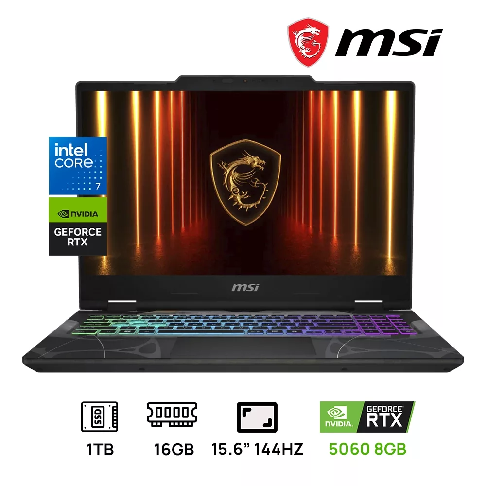 LAPTOP MSI CYBORG 15 B2RWFKG-071US GAMING INTEL CORE 7-240H 16GB DDR5 1TB SSD 15.6 FHD (1920X1080) 144HZ NVIDIA GEFORCE RTX 5060 8192MB WINDOWS 11 COLOR TRANSLUCENT BLACK