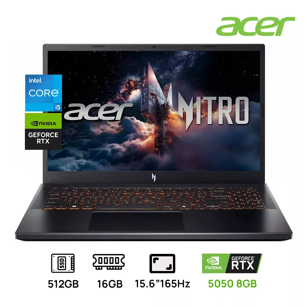 LAPTOP ACER NITRO V 15 ANV15-52-57BB GAMING Core™ i5-13420H 512GB SSD 16GB 15.6 (1920x1080) 165Hz WIN11 NVIDIA® RTX 5050 8192MB OSIDIAN BLACK Backlit Keyboard