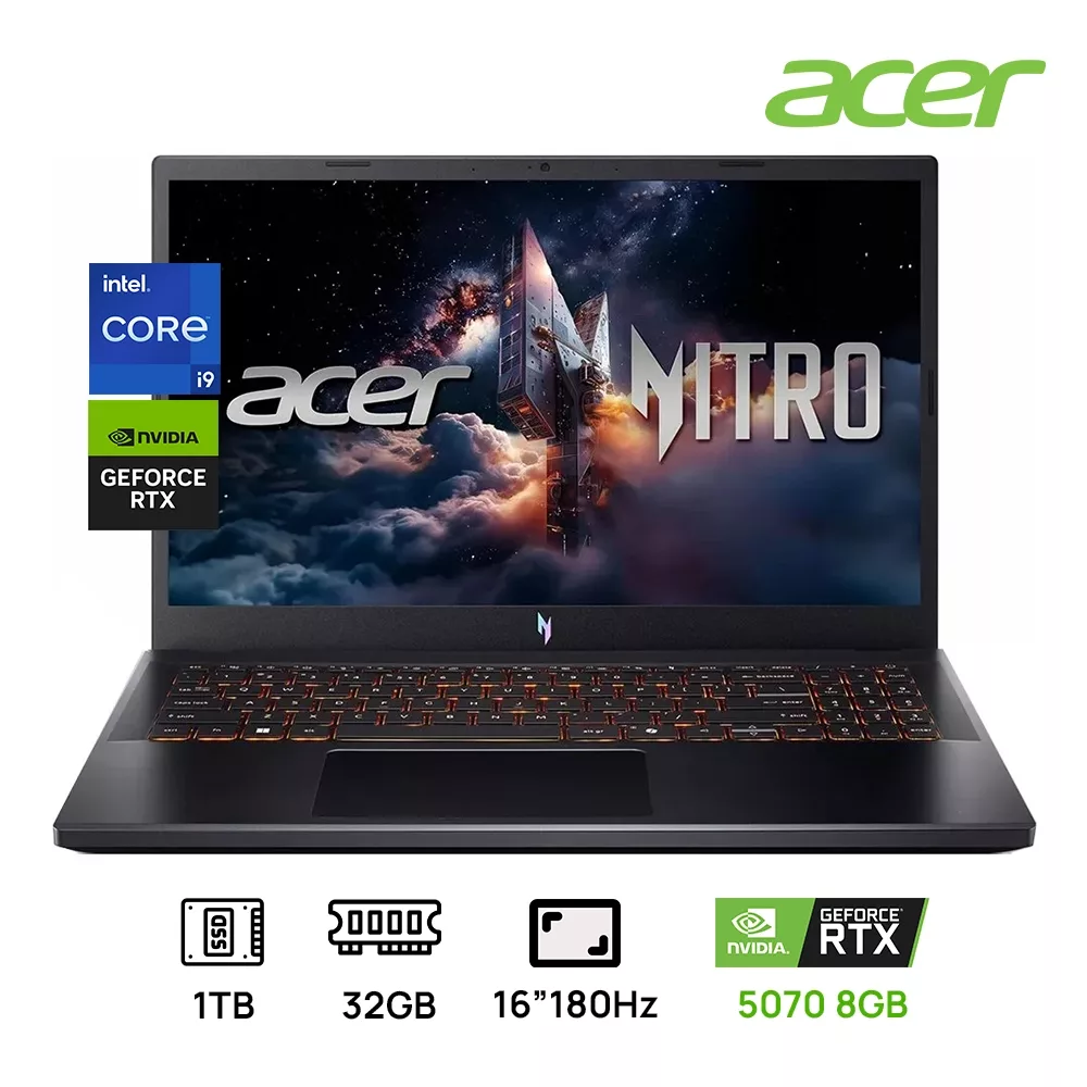 LAPTOP ACER NITRO V 16 ANV16-72-933F GAMING INTEL CORE 9 270H 1TB SSD 32GB DDR5 16 FHD+ (1200X1920) 180HZ NVIDIA RTX 5070 8192MB WIN 11 COLOR BLACK
