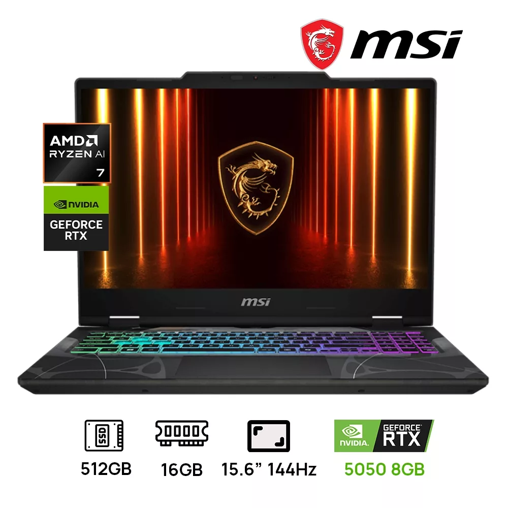 LAPTOP MSI CYBORG A15 AI B2HWEKG-071US GAMING AMD RYZEN 7 260 512GB SSD 16GB DDR5 15.6 FHD (1920X1080) 144HZ, NVIDIA GEFORCE RTX 5050 8192MB WIN 11 COLOR BLACK