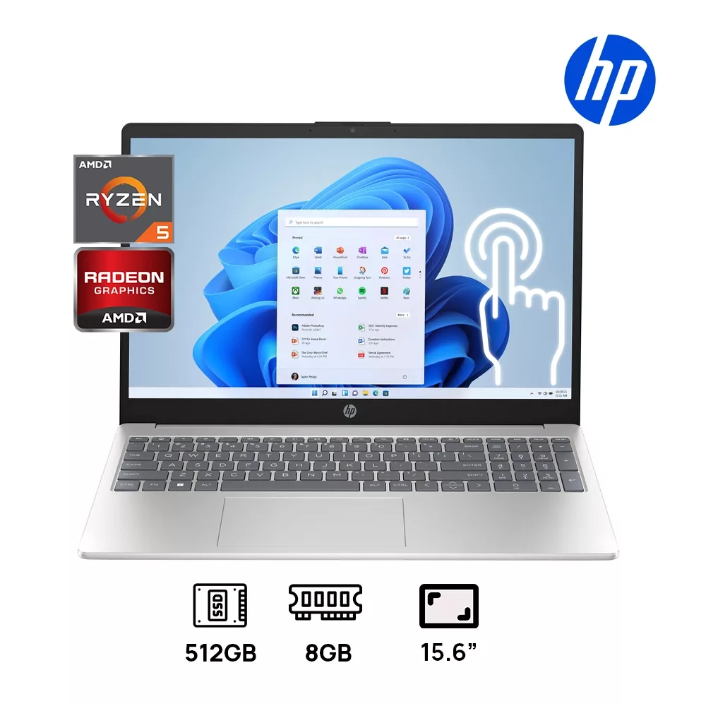LAPTOP HP 15-FC0146DX AMD RYZEN 5 7520U 512GB SSD 8GB DDR5 15.6 FHD (1920X1080) TOUCHSCREEN WIND 11 COLOR NATURAL SILVER TACTIL