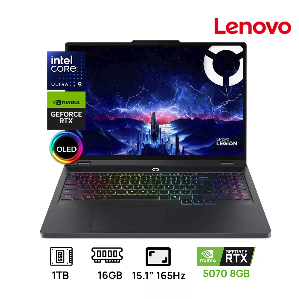 LAPTOP LENOVO LEGION 5 15IAX10 GAMING Core™ Ultra 9 275HX 1TB SSD 16GB 15.1" QHD(2560x1600) OLED 165Hz NVIDIA® RTX 5070 8192MB ECLIPSE BLACK RGB TECLADO ILUMINADO