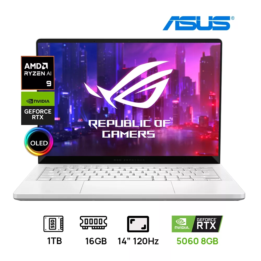 LAPTOP ASUS ROG ZEPHYRUS G14 GA403UM-G14.R9HX4 AMD RYZEN 9 270 1TB SSD 16GB RAM DDR5 OLED 3K(2880x1800)120HZ NVIDIA® RTX5060 8GB WHITE Backlit Keyboard
