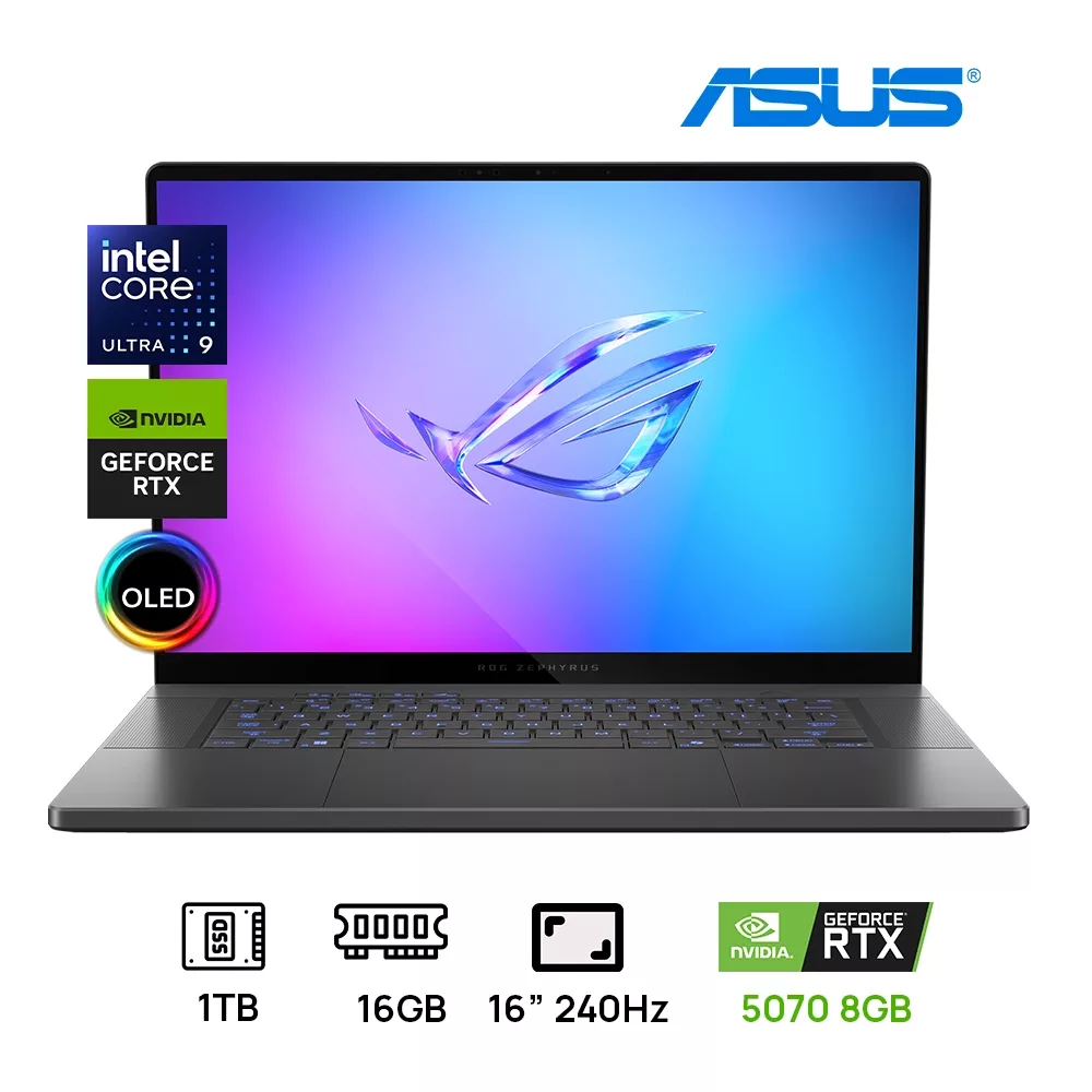 LAPTOP ASUS ROG ZEPHYRUS G16 GU605CP-G16.U95070 INTEL CORE ULTRA 9 285HX 1TB SSD 16GB RAM DDR5 16" OLED WQXGA(2560x1600) 240HZ NVIDIA® RTX5070 8GB NEGRO Backlit Keyboard