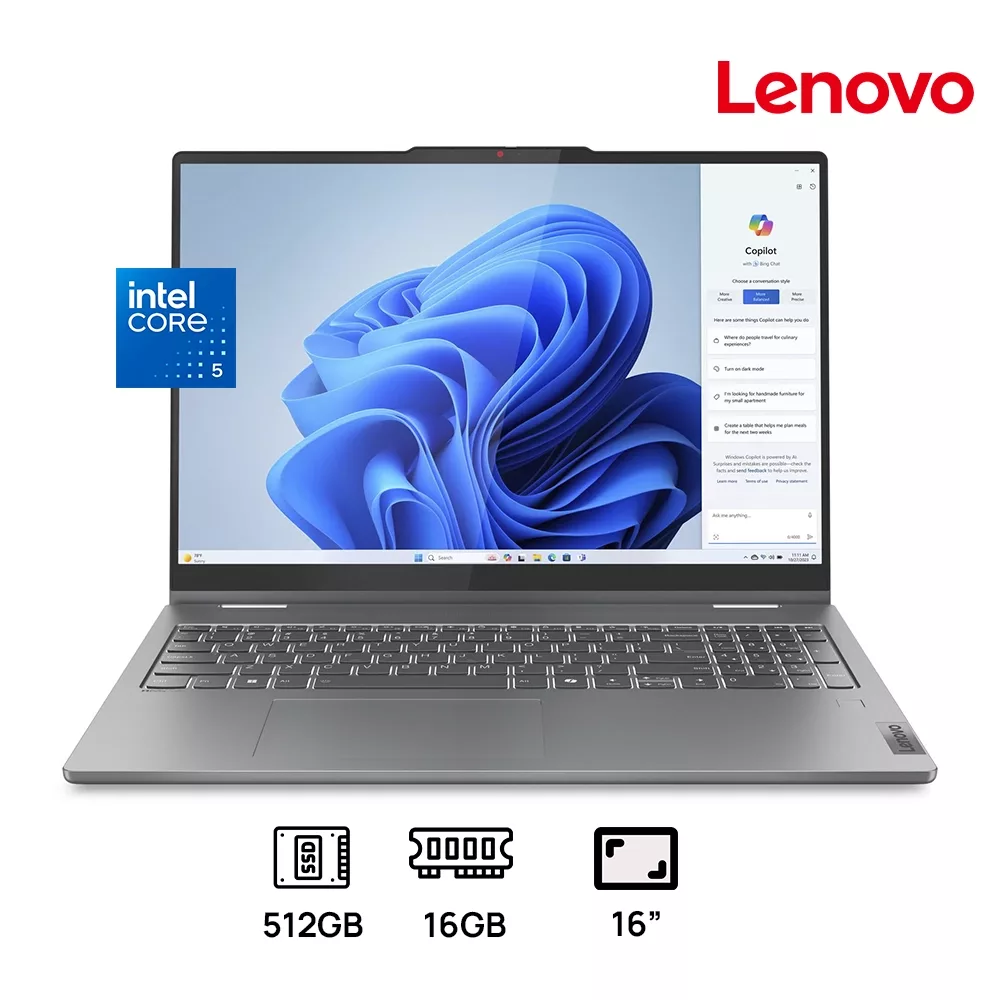 LAPTOP LENOVO IDEAPAD 5 16IRU9 2 IN 1 INTEL CORE 5-120U 512GB SSD 16GB DDR5 16 WUXGA (1920X1080) IPS TOUCHSCREEN WIN 11 COLOR LUNA GREY