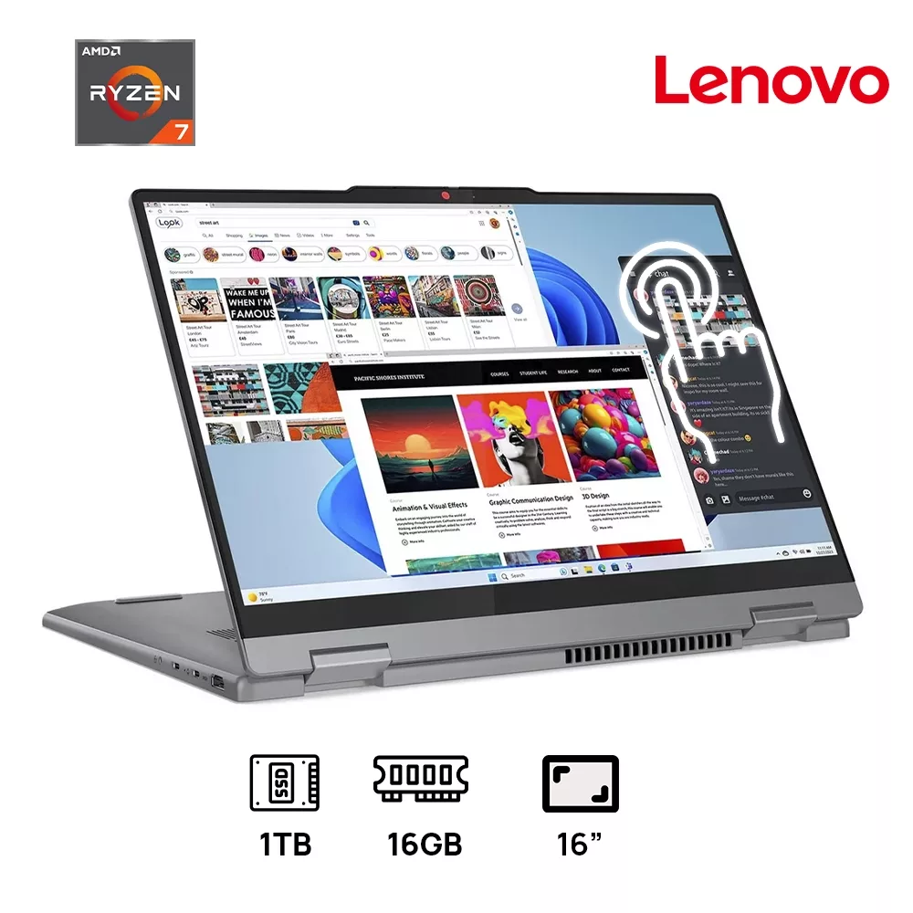 LAPTOP LENOVO 5 16AHP9 2-IN-1 AMD Ryzen™ 7 8845HS 1TB SSD 16GB 16" (1920x1200) TOUCHSCREEN WIN11 SILVER Backlit Keyboard FP Reader