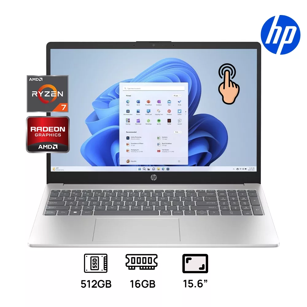 LAPTOP HP 15-FC0225DX AMD RYZEN 7 7730U 512GB SSD 16GB DDR4 15.6 FHD (1920X1080) TOUCHSCREEN WIN 11 COLOR SILVER