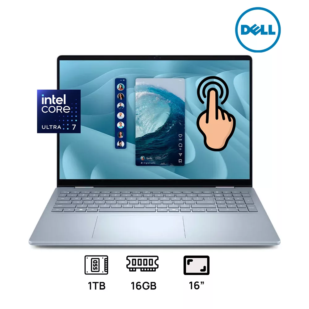 LAPTOP DELL 16 PLUS 2-IN-1 INTEL ULTRA 7 256V 1TB SSD 16GB 16" (1920x1200) TOUCHSCREEN WIN11 ICE BLUE TECLADO ILUMINADO