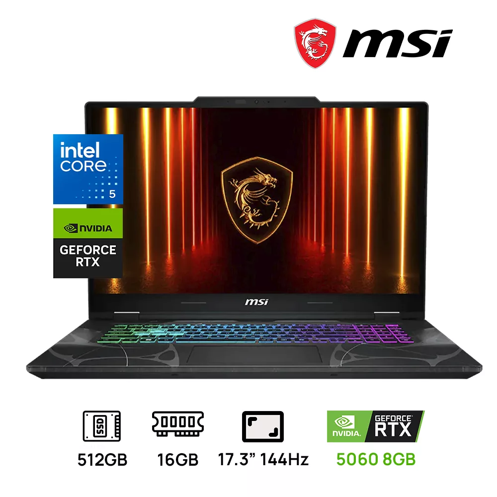 LAPTOP MSI CYBORG 17 B2RWFKG-039US GAMING INTEL CORE 5 210H 512GB SSD 16GB DDR5 17.3" FHD (1920x1080) 144HZ NVIDIA RTX 5060 8GB COLOR TRASLUCENTT BLACK