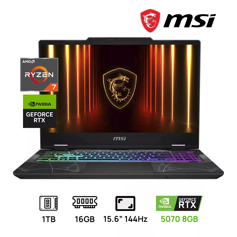 LAPTOP MSI CYBORG A15 AI B2HWGKG-254US AMD RYZEN 7 260 UP 1TB SSD 16GB DDR5 15.6" FHD (1920X1080) IPS 144HZ NVIDIA RTX 5070 8GB TRANSLUCENT BLACK