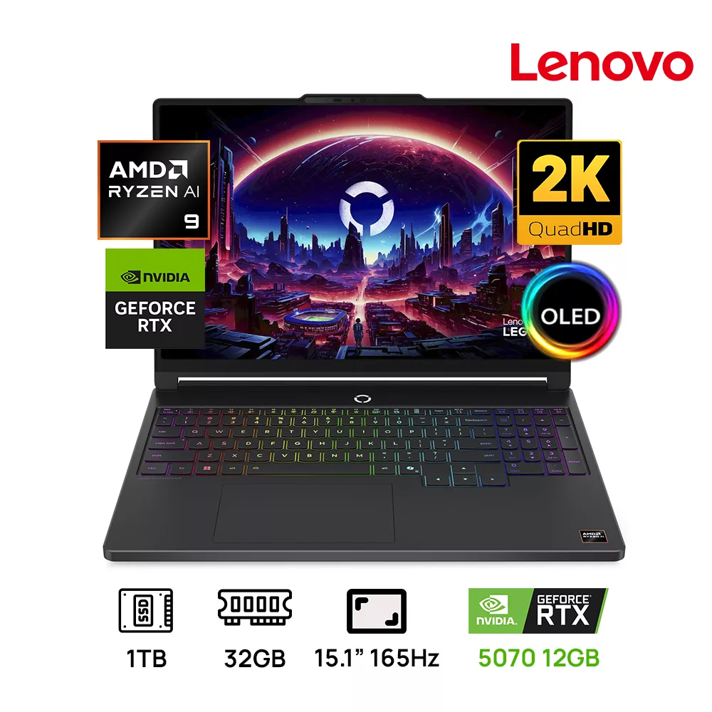 LAPTOP LENOVO LEGION 5 15AGP11 GAMING AMD RYZEN AI 9 465HX 32GB 1TB SSD 15.1" QHD(2560x1600) OLED 165Hz NVIDIA RTX 5070 12GB ECLIPSE BLACK RGB TECLADO ILUMINADO