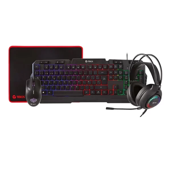 KIT TEROS 4 EN 1 TE-4063N MOUSE + TECLADO + PAD MOUSE + AUDIFONO LED