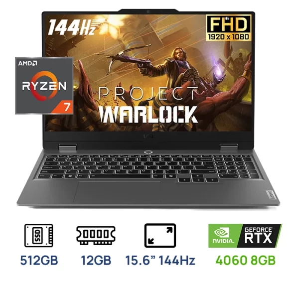 LAPTOP LENOVO LOQ 15ARP9 GAMING AMD Ryzen™ 7 7435HS 512GB SSD 12GB 15.6" (1920x1080) 144Hz IPS WIN11 NVIDIA® 4060 8192MB  LUNA GREY Backlit Keyboard