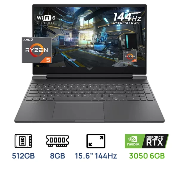 LAPTOP HP VICTUS GAMING 15-FB2002LA AMD RYZEN 5 8645HS, 8GB DDR5, SSD 512GB M.2, VIDEO NVIDIA RTX3050 6GB 144HZ FHD 15.6 TECLADO RETROILUMINADO