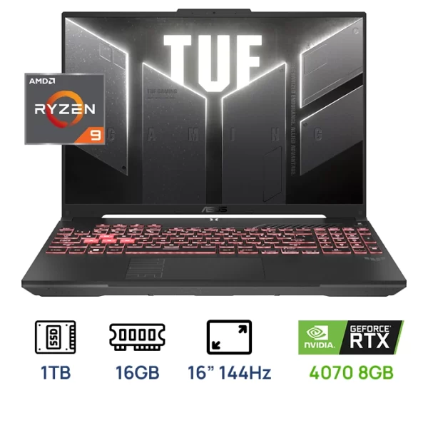LAPTOP ASUS TUF GAMING FA607PI-AS94 A16 RYZEN 9 7940HX, 16GB DDR5 1TB, RTX4070 8GB 16" 144HZ TECLADO ILUMINADO