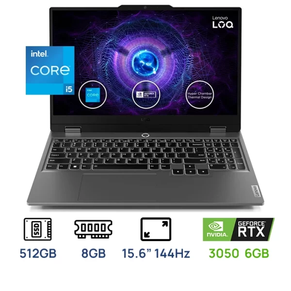LAPTOP LENOVO LOQ 15IAX9 15.6" FHD IPS, Core i5-12450HX hasta 4.4GHz 8GB DDR5-4800MHz 512GB SSD M.2 2242 PCIe 4.0x4 NVMe, Video NVIDIA GeForce RTX 3050 (6GB GDDR6)