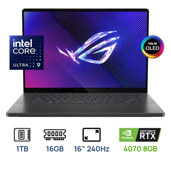 LAPTOP ASUS ROG ZEPHYRUS G16 GU605M-G16.U94070 INTEL CORE ULTRA 9 185H 1TB SSD 16GB RAM DDR5 (2560x1600) WQXGA OLED 240HZ NVIDIA® RTX4070 8GB WIN 11 GRAY Backlit Keyboard