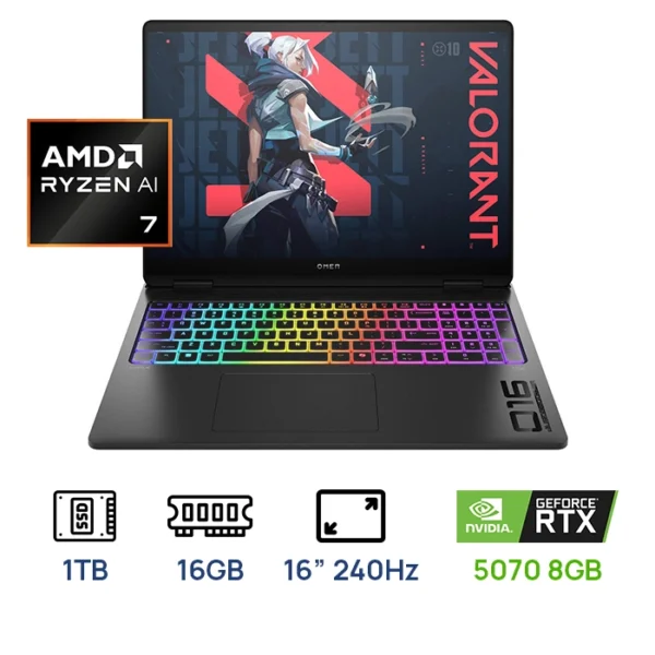 LAPTOP HP OMEN MAX 16-AK0047NR GAMING AMD Ryzen AI 7 H350 16GB DDR5 1TB SSD, 16" WQXGA (2560x1600) 240Hz IPS NVIDIA RTX 5070  8192MB GDDR7 Black Aluminum Color, Bluetooth 5.4, Wi-Fi 7, Webcam, RGB Backlit, WIN11