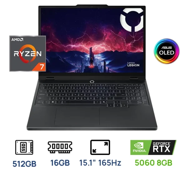 LAPTOP LENOVO LEGION 5 15AHP10 GAMING Ryzen™ 7 260 512GB SSD 16GB 15.1" WQXGA (2560x1600) OLED 165Hz NVIDIA® RTX 5060 8192MB  ECLIPSE BLACK RGB Backlit Keyboard WIN11