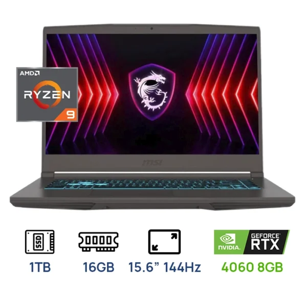LAPTOP MSI THIN A15 AI AMD RYZEN 9-8945HS 16GB DDR5 1TB SSD 15.6" FHD 144HZ TECLADO AMERICANO RETROILUMINADO NVIDIA GEFORCE RTX4060 8GB WINDOWS 11 HOME