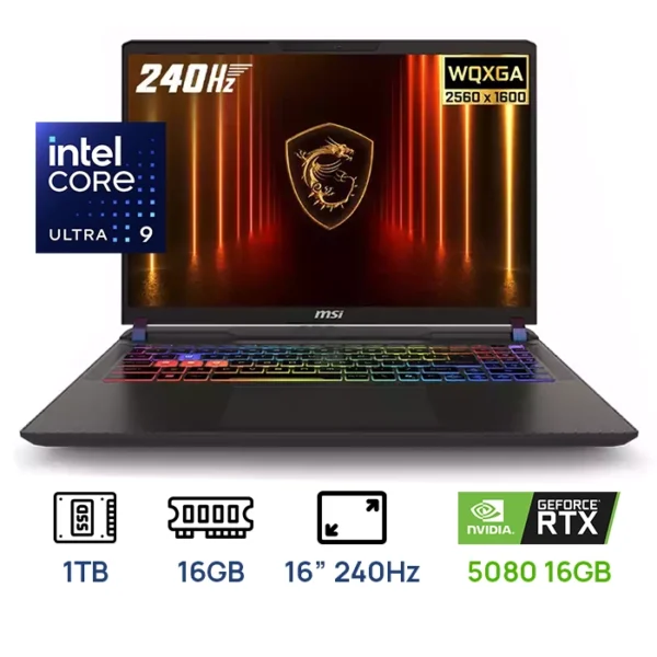 LAPTOP MSI Vector 16 HX AI A2XWIG-050 GAMING Core™ Ultra 9 275HX 1TB SSD 16GB 16" WQXGA (2560x1600) 240Hz WIN11 IR Webcam NVIDIA® RTX 5080 16384MB COSMO GRAY RGB Backlit Keyboard