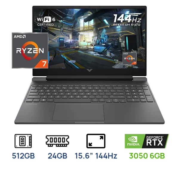LAPTOP HP VICTUS 15-FB3019LA AMD RYZEN 7 7445HS 24GB DDR5 (8gb+16gb extra) SSD 512GB M.2 NVIDIA RTX3050 6GB 15.6″ (1920 X1080) 144hz