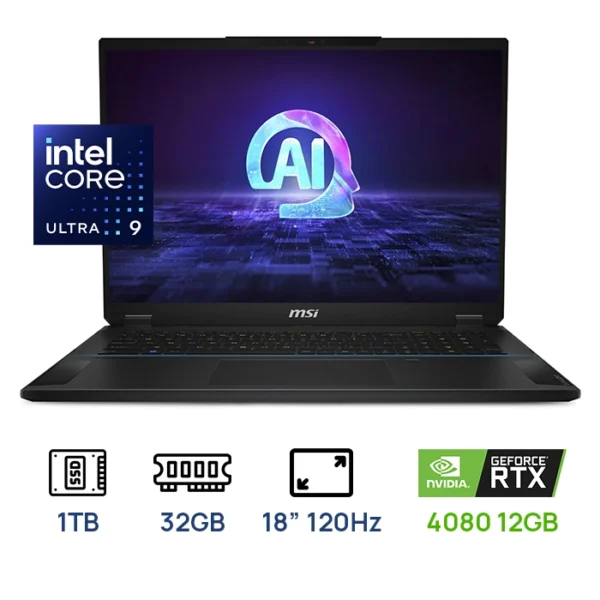 LAPTOP MSI STEALTH 18 AI A1VHG-008US INTEL CORE ULTRA 9 185H 32GB, 1TB SSD PANTALLA: 18” IPS UHD 3840X2560 120Hz GEFORCE RTX 4080 12GB WIN11 HOME