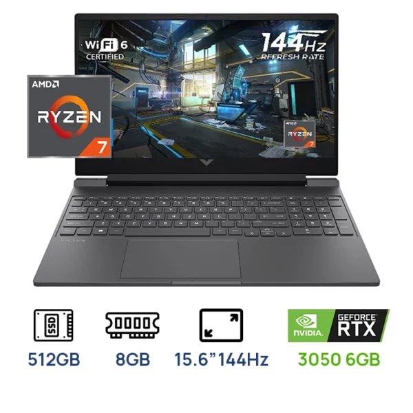 LAPTOP HP VICTUS 15-FB3019LA AMD RYZEN 7 7445HS 8GB DDR5 SSD 512GB M.2 NVIDIA RTX3050 6GB 15.6" (1920 X1080) 144hz
